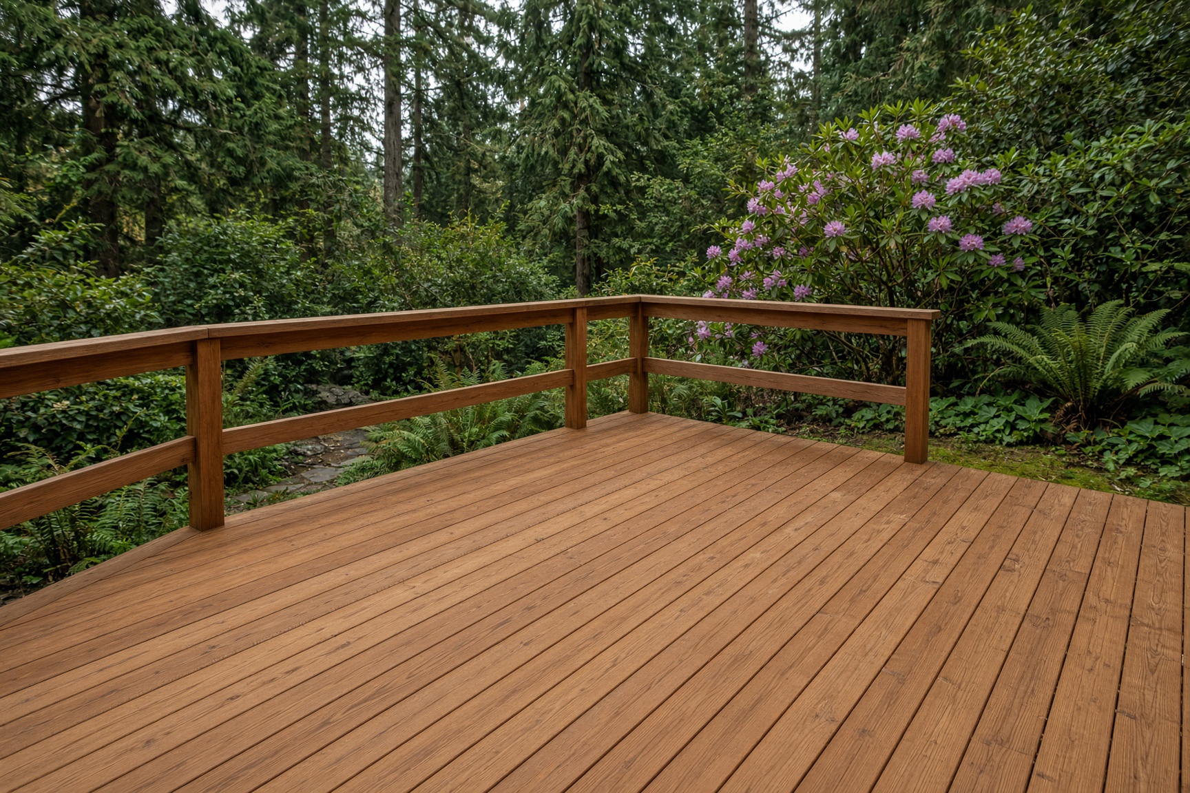 Cedar deck and railing in a garden